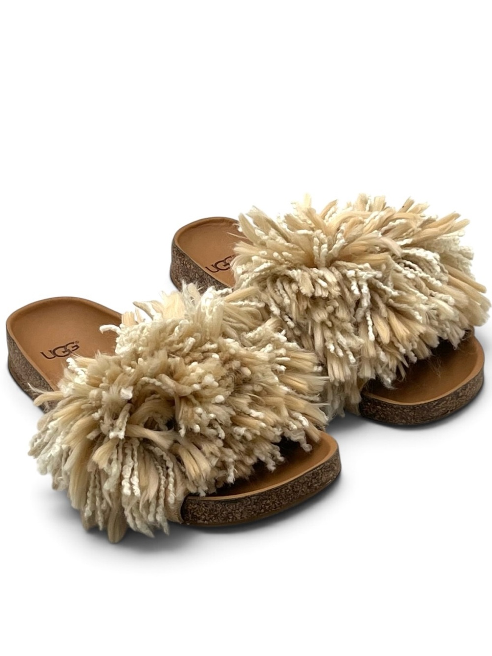 UGG Cindi Slide Sandals 9 Soft Ochre Suede Yarn Shaggy Fringe Boho Flat Comfort